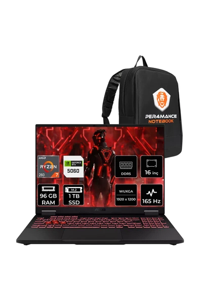 ASUS TUF A16 Ryzen 7 260 96GB 1TB SSD RTX5060/8GB 16" WUXGA 165Hz FDOS Gaming Laptop FA608UM ürün görseli 1