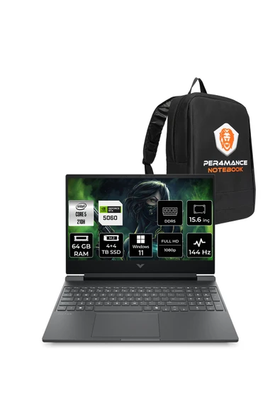 HP Victus 15 Core5 210H 64GB 4TB+4TB SSD RTX5060/8GB 15.6" FHD 144Hz W11P Gaming Laptop & PER4 ÇANTA ürün görseli 1