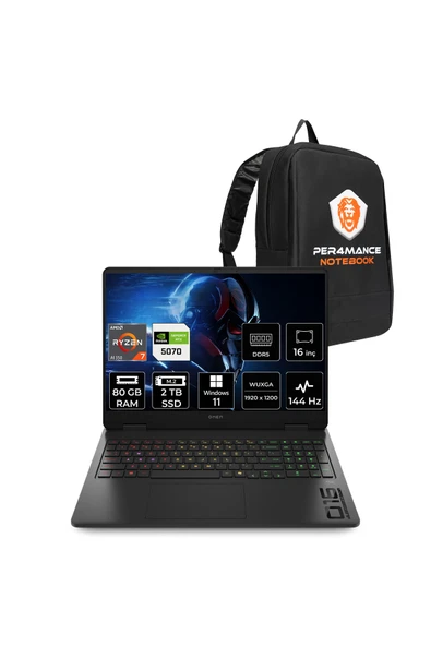 HP Omen 16 Ryzen AI 7 350 80GB 2TB SSD RTX5070/8GB 16" FHD+ 144Hz W11H Gaming Laptop & Çanta ürün görseli 1