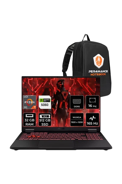 ASUS TUF A16 Ryzen 7 260 32GB 512GB SSD RTX5060/8GB 16" WUXGA 165Hz FDOS Gaming Laptop FA608UM ürün görseli 1
