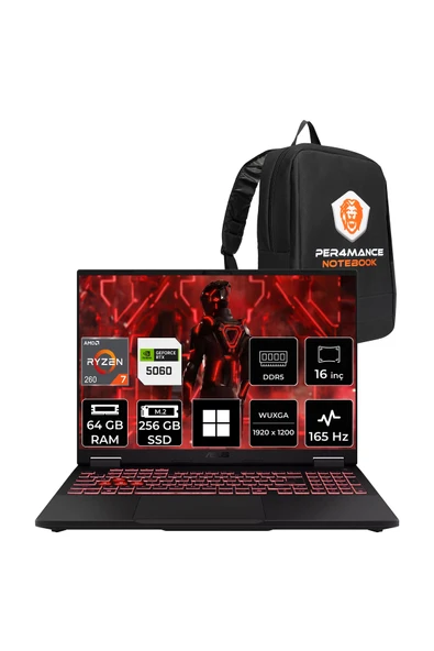 ASUS TUF A16 Ryzen 7 260 64GB 256GB SSD RTX5060/8GB 16" WUXGA 165Hz W11H Gaming Laptop FA608UM ürün görseli 1
