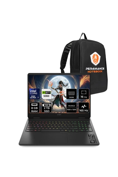 HP Omen Slim 16 Ultra 7 255H 8GB 2TB SSD RTX5060/8GB 16" WUXGA 165Hz 3 ms IPS FDOS Gaming Laptop ürün görseli 1