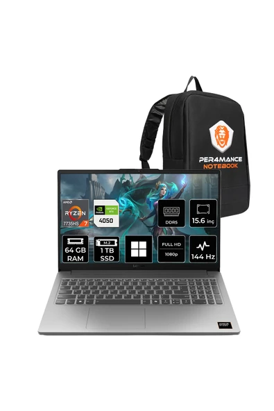 LENOVO LOQ 15ARP10E R7 7735HS 64GB 1TB SSD RTX4050/6GB 65W 15.6" FHD 144Hz W11P Gaming Laptop ürün görseli 1