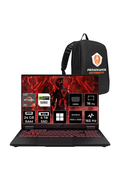 ASUS TUF A16 Ryzen 7 260 24GB 4TB SSD RTX5060/8GB 16" WUXGA 165Hz W11H Gaming Laptop FA608UM ürün görseli 1