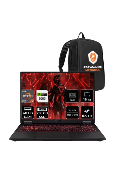 ASUS TUF A16 Ryzen 7 260 48GB 256GB SSD RTX5060/8GB 16" WUXGA 165Hz FDOS Gaming Laptop FA608UM ürün görseli 1