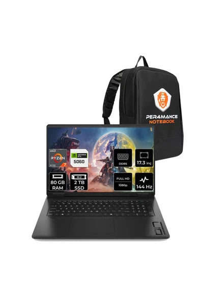 HP Omen 17 Ryzen AI 7 350 80GB 2TB SSD RTX5060/8GB 17.3" FHD 144Hz FDOS Gaming Laptop & Çanta ürün görseli 1