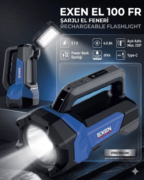EXEN EL 100 FR - 3.7V 4Ah 600 Lümen Profesyonel Şarjlı El Feneri ürün görseli 1