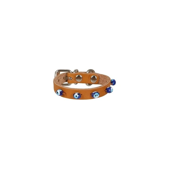 Cattie Gerçek Deriden El Yapımı Boncuklu Kedi Boyun Tasması 1x14-18cm - Camel ürün görseli 1