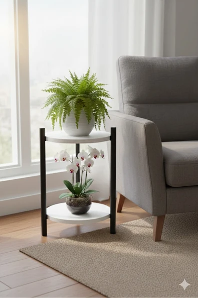 Retodesign 2 RAFLI BEYAZ YUVARLAK ÇİÇEKLİK VE SEHPA 2200B Beyaz ürün görseli 1
