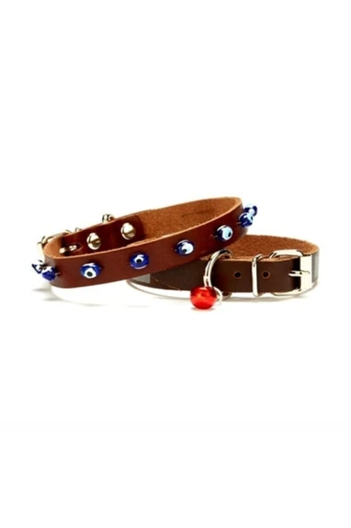Cattie Gerçek Deriden El Yapımı Boncuklu Kedi Boyun Tasması 1x18-22cm - Brown ürün görseli 1
