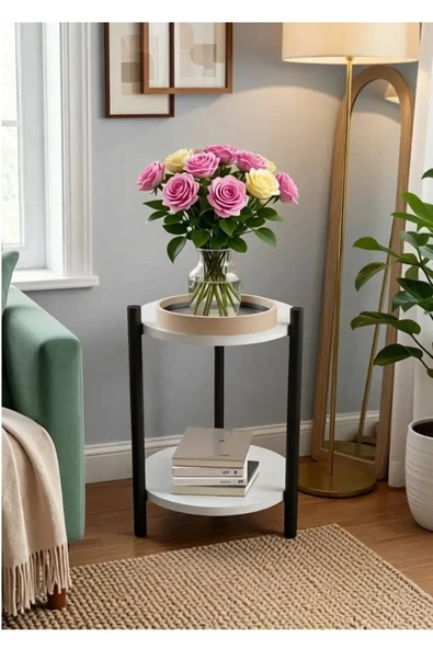 Retodesign 2 RAFLI BEYAZ YUVARLAK ÇİÇEKLİK VE SEHPA 2201 BEYAZ ürün görseli 1