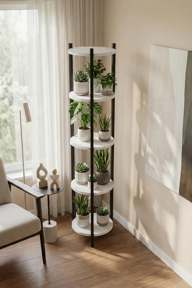 Retodesign 5 RAFLI BEYAZ YUVARLAK ÇİÇEKLİK VE KİTAPLIK VE ÇOK AMAÇLI RAF 2550 BEYAZ ürün görseli 1