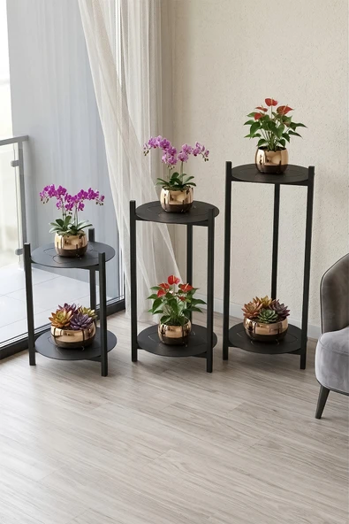 Retodesign 3 BOY METAL TEPSİLİ ÇİÇEKLİK, ÇİÇEK RAFI 1494 Siyah ürün görseli 1