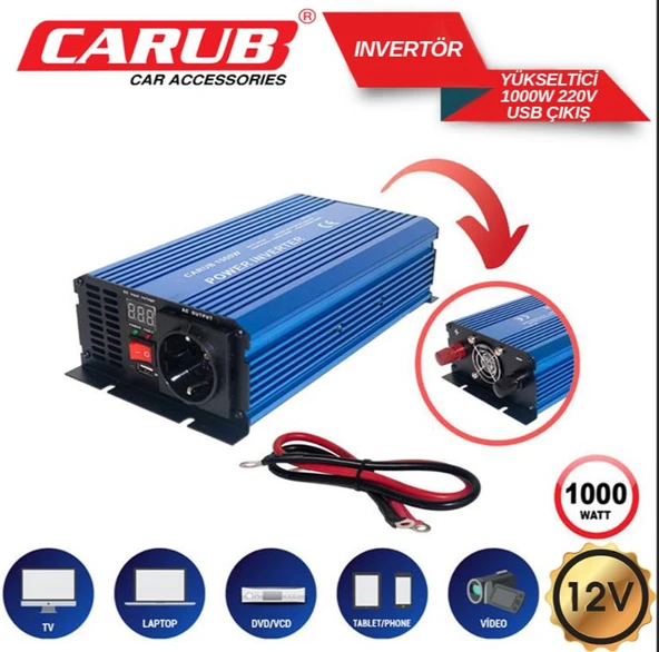 CARUB 1000W İnvertör 12V 220V Çevirici Yükseltici USB Çıkışlı Araç Oto Power Inverter ürün görseli 1