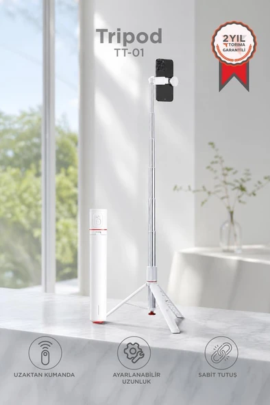 Tripod Çok Amaçlı Kumandalı 1.77M Selfie Çubuğu TT01 Beyaz ürün görseli 1