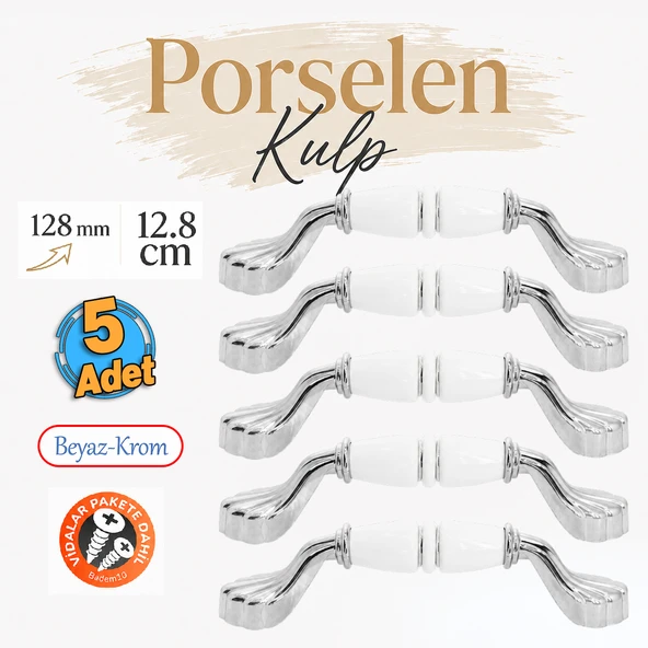 (5 Adet) Vionel Porselen Beyaz Krom Kulp 128 mm 12.8 cm Mobilya Çekmece Dolabı Dolap Kapak Kulb Kulp ürün görseli 1