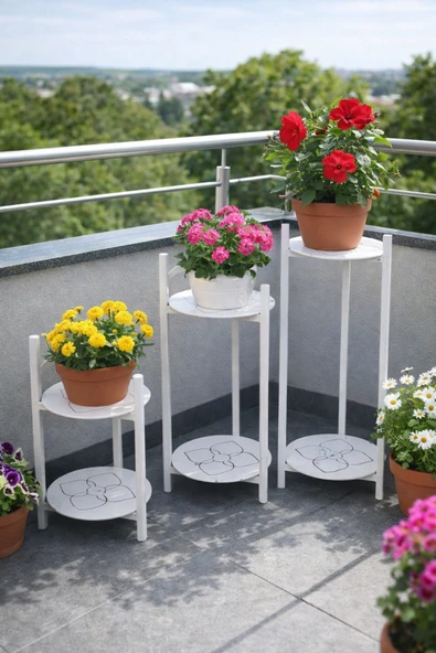 Retodesign 3 BOY BEYAZ METAL TEPSİLİ ÇİÇEKLİK, ÇİÇEK RAFI 1496 Beyaz ürün görseli 1