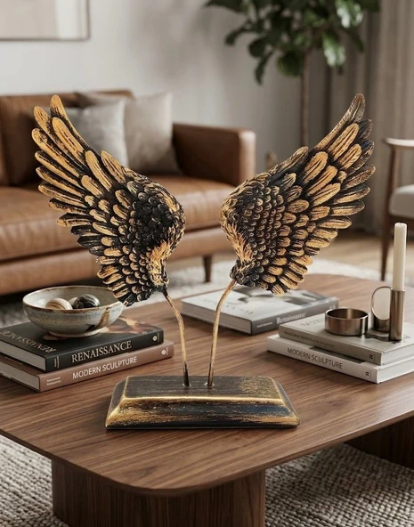 Dekoratif Lüks Melek Kanadı Biblo Modern Gold Siyah Dekoratif Salon Konsol Sehpa Objesi ürün görseli 1
