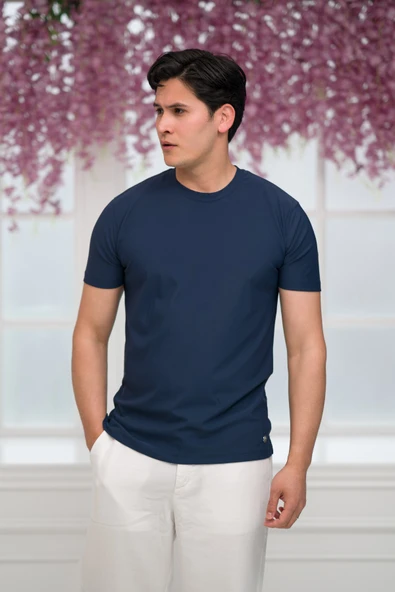 Slimfit Lyocell Kumaş Likralı Küçük Armürlü Bisiklet Yaka T-shirt ürün görseli 1