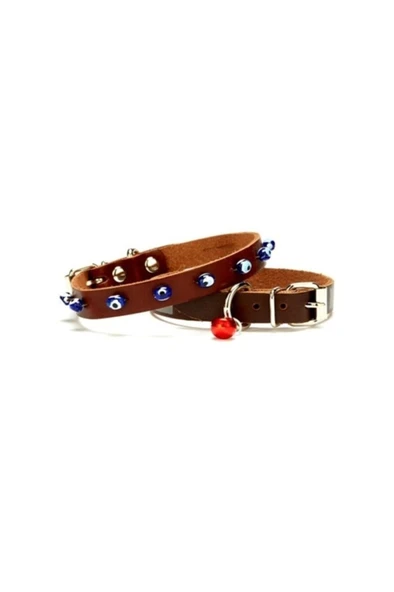 Cattie Gerçek Deriden El Yapımı Boncuklu Kedi Boyun Tasması 1x14-18cm - Brown ürün görseli 1