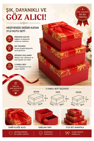 Kırmızı Hediye Kutusu Dikdörtgen 3 lü 1 Paket K-0974 Boş Hediye Kutusu Sevgiliye Özel Kurdelalı Karton Hatıra Kutu ürün görseli 1