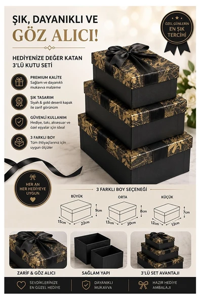 Siyah Sarı Hediye Kutusu Dikdörtgen 3 lü 1 Paket K-0974 Boş Hediye Kutusu Sevgiliye Özel Kurdelalı Karton Hatıra Kutu ürün görseli 1