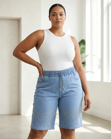 Büyük Beden Beli Lastikli Bağcıklı Taş Detaylı Denim Kadın Şort ürün görseli 1