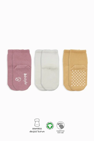 Basic Kaymaz Penye Soket Çorap 3'Lü BS10107 Pudra Ekru Somon ürün görseli 1