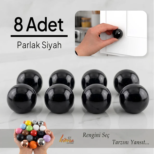 8 Adet Sert Plastik Düğme Yuvarlak Top Parlak Siyah Dolap Mobilya Mutfak Dolabı Çekmece Kulbu Kulpu Kulplar ürün görseli 1