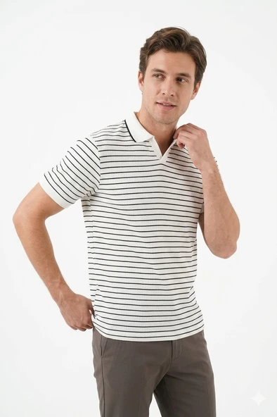 Cazador Erkek Ekru Çizgili Polo Yaka Tshirt 44700 ürün görseli 1