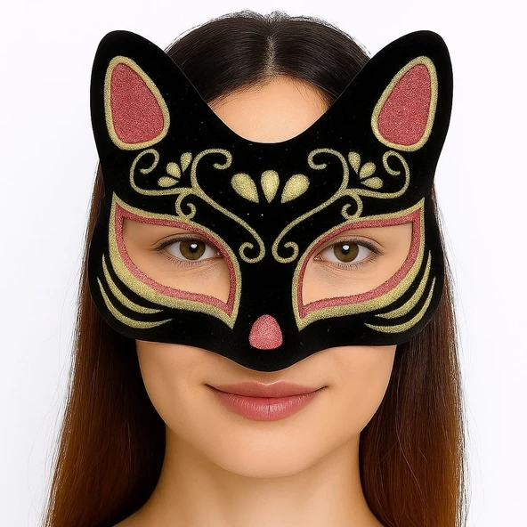 Siyah Renk Süet Kaplama Üzeri Kırmızı Sarı Simli Kedi Maskesi 17x14 Cm ürün görseli 1
