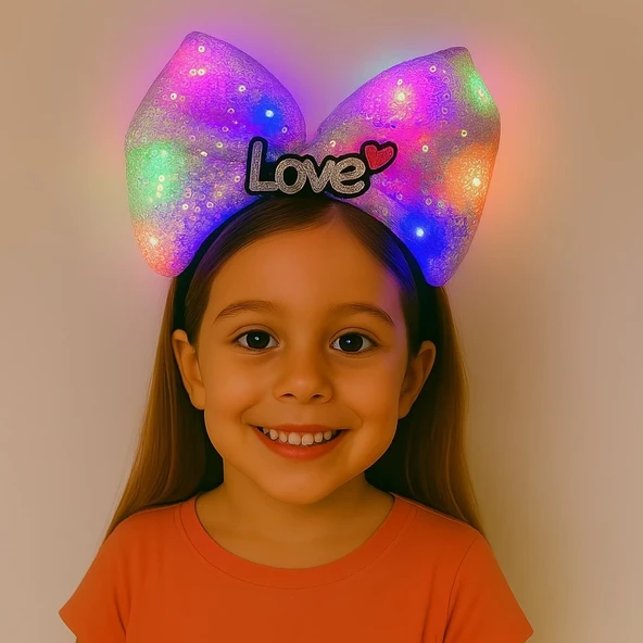 Led Işıklı Love Yazılı Mor Fiyonk Taç – Kız Çocuk Parti Tacı ürün görseli 1