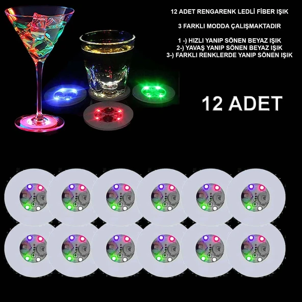 Renkli Led Işıklı Bardak Altlığı - Dekoratif (12 Adet, Pilli) ürün görseli 1