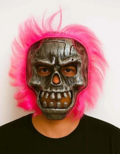 Wild Skull - Gümüş Kafatası Pembe Saçlı İskelet Maske ürün görseli 1