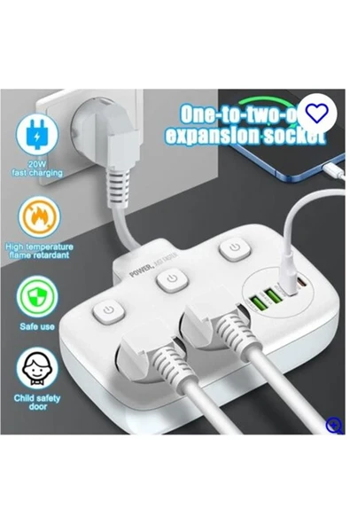 Akım Korumalı 2’li Ayrı Anahtarlı Priz, 2x Priz, 3x Usb, 1x Type-c, 2 Mt Kablo, Hızlı Şarj ürün görseli 1