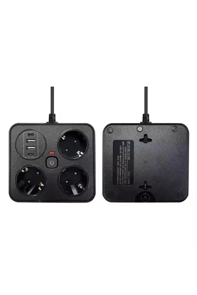 Akım Korumalı Anahtarlı Priz - 3x Priz - 2x Usb - 2x Type-c - 2 Mt Kablo Hızlı Şarj Özellikli Siyah ürün görseli 1