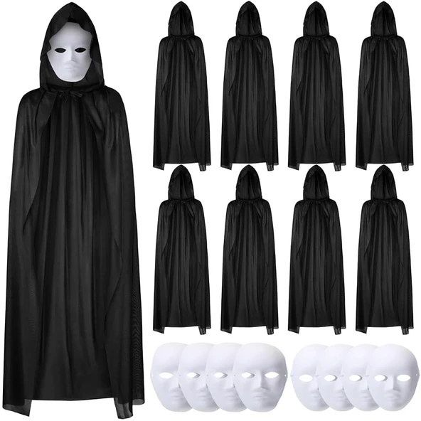 120 Cm Siyah Kapüşonlu Pelerin Ve Boyanabilir Karton Maske 8’li Set ürün görseli 1