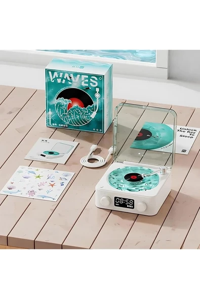 Waves Nostalji Plak Görünümlü Bluetooth Hoparlör 3d Ses Dalgası Retro Müzik Plak Mavi ürün görseli 1