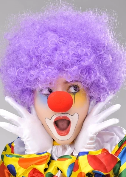 Mor Renk Kıvırcık Afro Bonus Peruk Takma Saç Ve Kırmızı Burun Seti ürün görseli 1