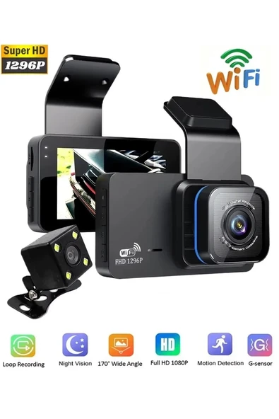 Araç İçi Kamera Wifi Özellikli Ekranlı Ön Ve Geri Görüş Kameralı Mikrofonlu 3 İnç Hd ürün görseli 1