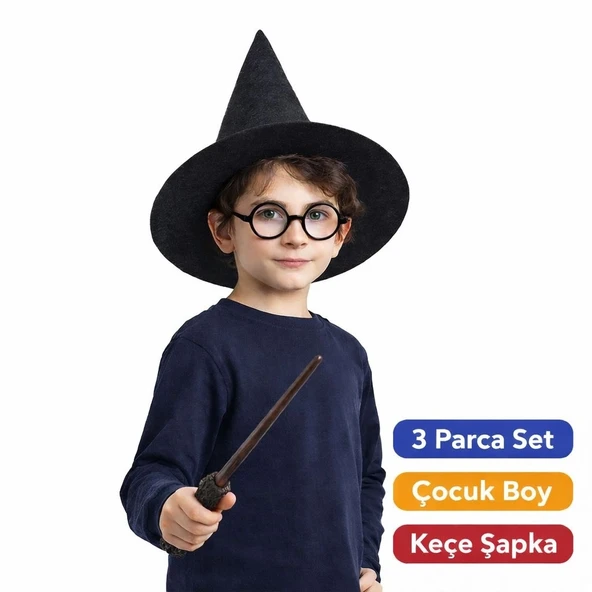 Harry Potter Tarzı Çocuk Seti (siyah Keçe Şapka, Asa, Gözlük) ürün görseli 1