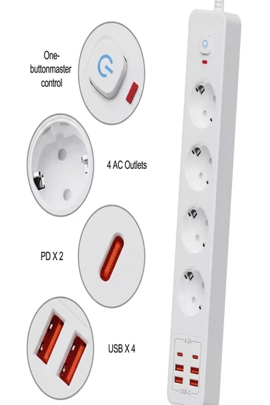 Termal Akım Korumalı 4’lü Priz 4x Usb 2x Type-c Çıkışlı Grup Priz Çoğaltıcı (3500w) ürün görseli 1