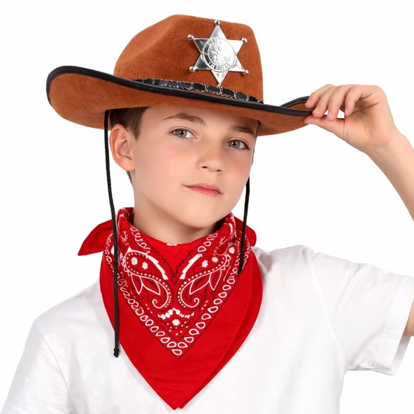 Çocuk Kovboy Şapka Rozetli Kahverengi  Kırmızı Bandana Seti ürün görseli 1