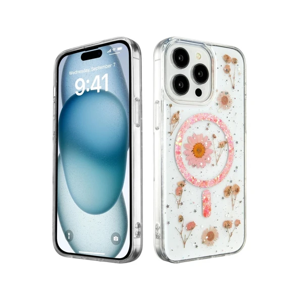 Apple İphone 15 Pro Kılıf Daisy Simli Magsafe Kapak - Pembe ürün görseli 1