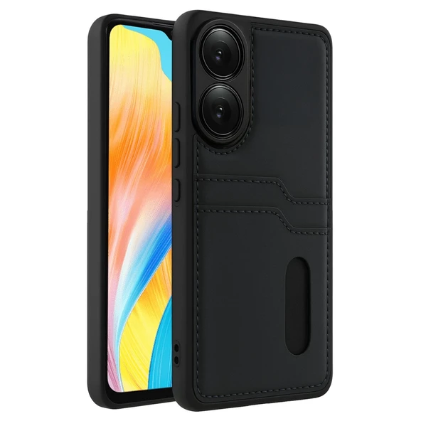 Oppo A38 Sara Kartvizitli Deri Kılıf - Siyah ürün görseli 1