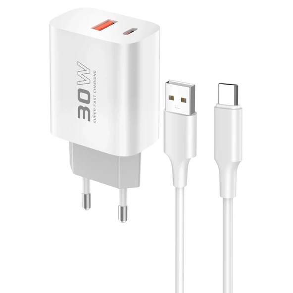 C89Q 1 Adet 30w Type-c Ve 1 Adet 22.5w Usb Çıkışlı Ekstra Dl49 1m Usb To Type-c Kablolu Pd Şarj Cihazı - Beyaz ürün görseli 1