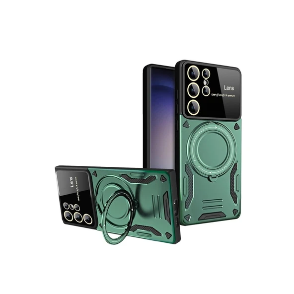 Samsung Galaxy S24 Ultra Kılıf Joy Lens Standlı Kapak - Koyu Yeşil ürün görseli 1