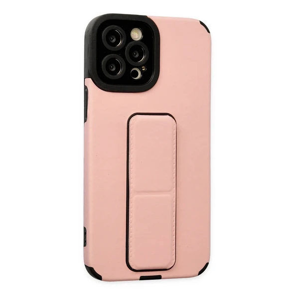 Apple İphone 12 Pro Max Kılıf Mega Standlı Silikon - Pudra - Resim 2