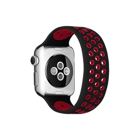 Apple Watch 42mm Ayarlı Delikli Silikon Kordon - Siyah-kırmızı ürün görseli 1