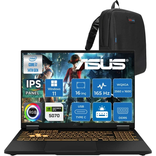 Tuf Gaming F16 FX608JPR 14. Nesil Intel I7-14650HX RTX5070 (8gb) 115W 8gb Ram Ddr5 2tb SSD 165Hz 16"wqxga 2.5k 400NITS IPS Windows 11 Pro Gaming Bilg. WQT070P19+CİMETEÇANTA ürün görseli 1